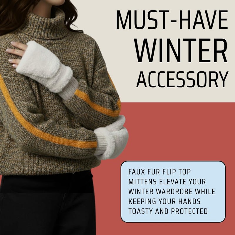 Funky Junque Women's White Faux Fur Mittens with Finger Flap, Warm Convertible Fingerless Gloves for Texting, Driving - Ivory - Image 4